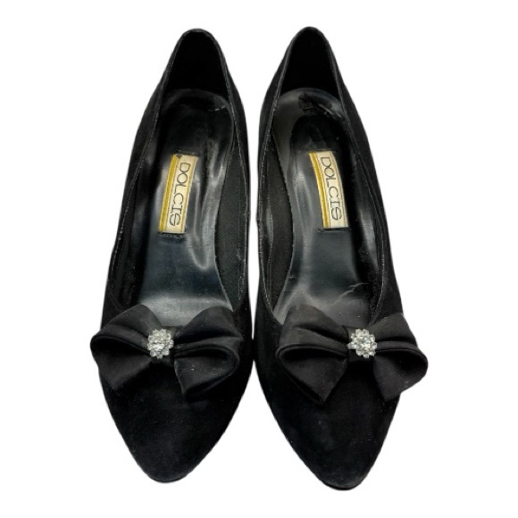 Dolcis Women's Black Velvet Heels Shoes with Pointed Toe & Rhinestone Bow Size 9 - Picture 1 of 5